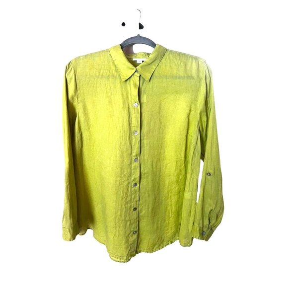 J Jill Love Linen Lime Green Button Up Tunic Blouse Lagenlook Roll Tab Sleeves - Picture 2 of 11